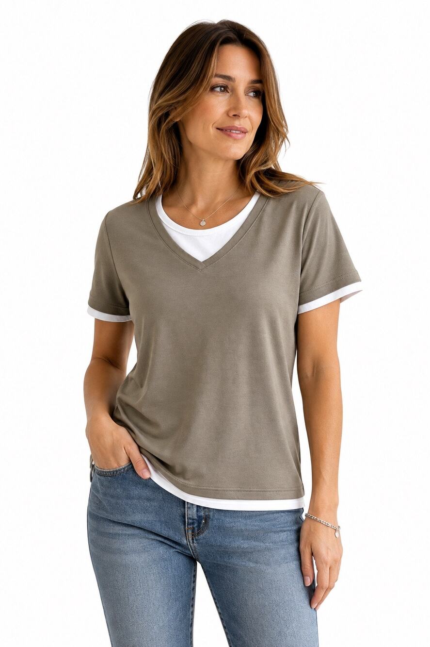 Carolyn Taylor Petite PM Layered Look V-Neck Top Taupe White NWT